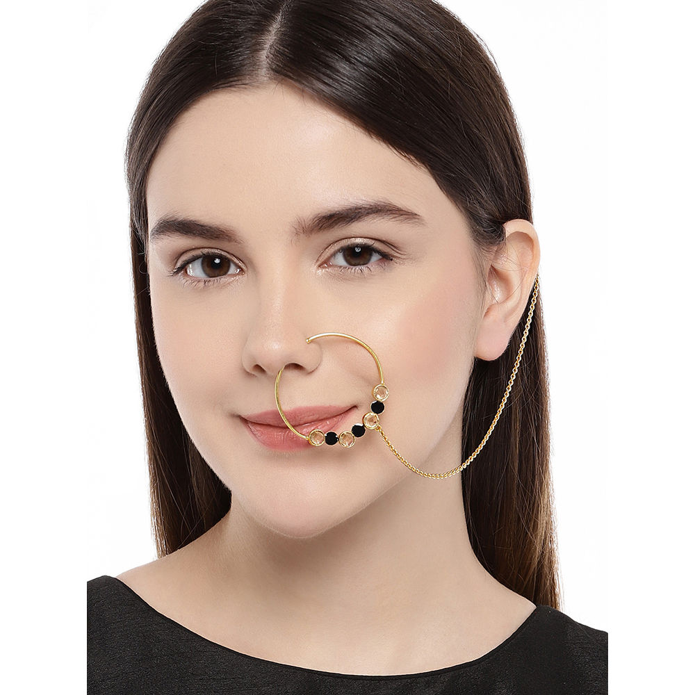 VAMA FASHIONS Gold Plated Black Stones Without Piercing Clip on Pressing  Type Nose Ring pin Stud for Women & Girls.